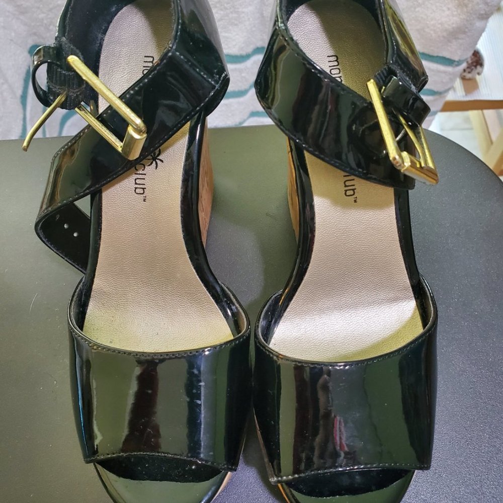 MONTEGO BAY CLUB BLACK PATENT CORK LIKE WEDGE ANKLE STRAP Shoe Sandal SIZE 5